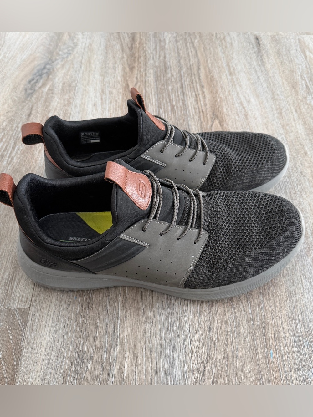 Skechers Black Gray Slip-On Knit Sneakers with Brown Accents